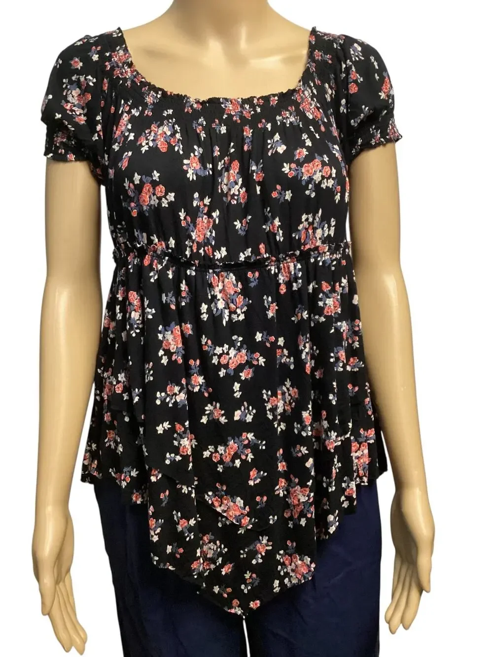 Free People Black Floral  Empire Waist peplum blouse Handkerchief Hem Boho  L